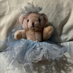Adorable Pink Teddy Bear with Blue Lace Dress